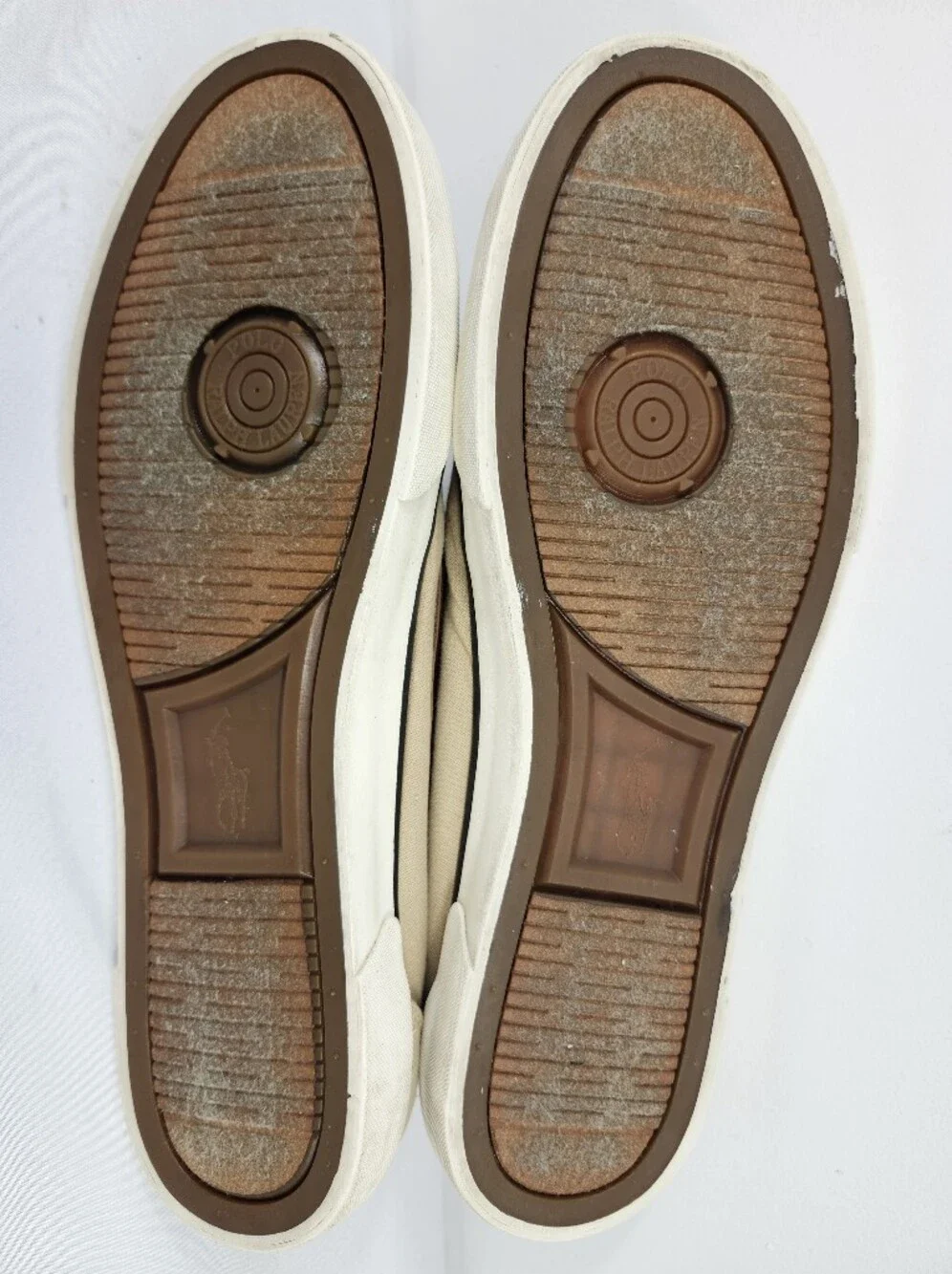 Polo Ralph Lauren Mens 14 D Tan Canvas Boat Shoes with Brown Leather Trim